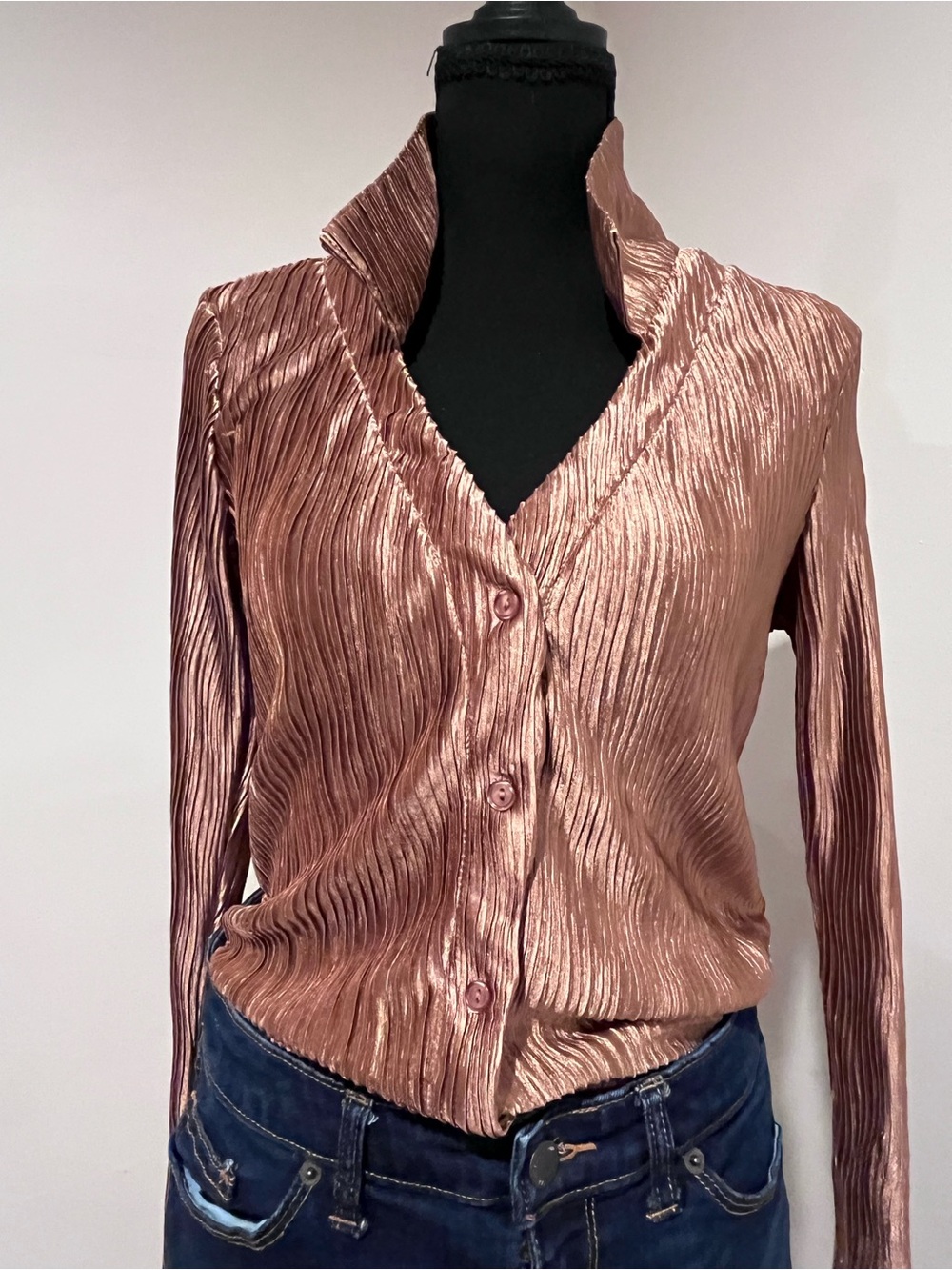 Tru Self Sm Metallic Rose Pleated Button-Down Blouse
